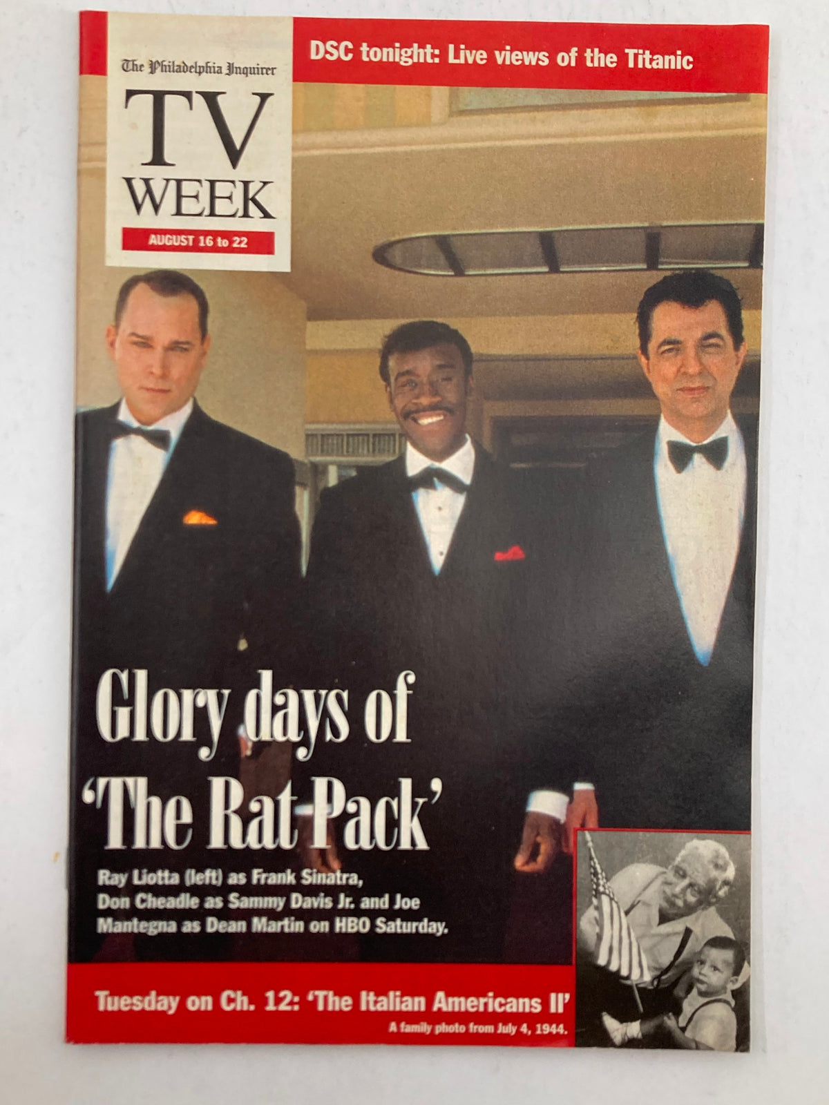 Cover of The Philadelphia Inquirer TV Week from August 16, 1998, featuring Ray Liotta, Don Cheadle, and Joe Mantegna in tuxedos, highlighting 'The Rat-Pack' theme.