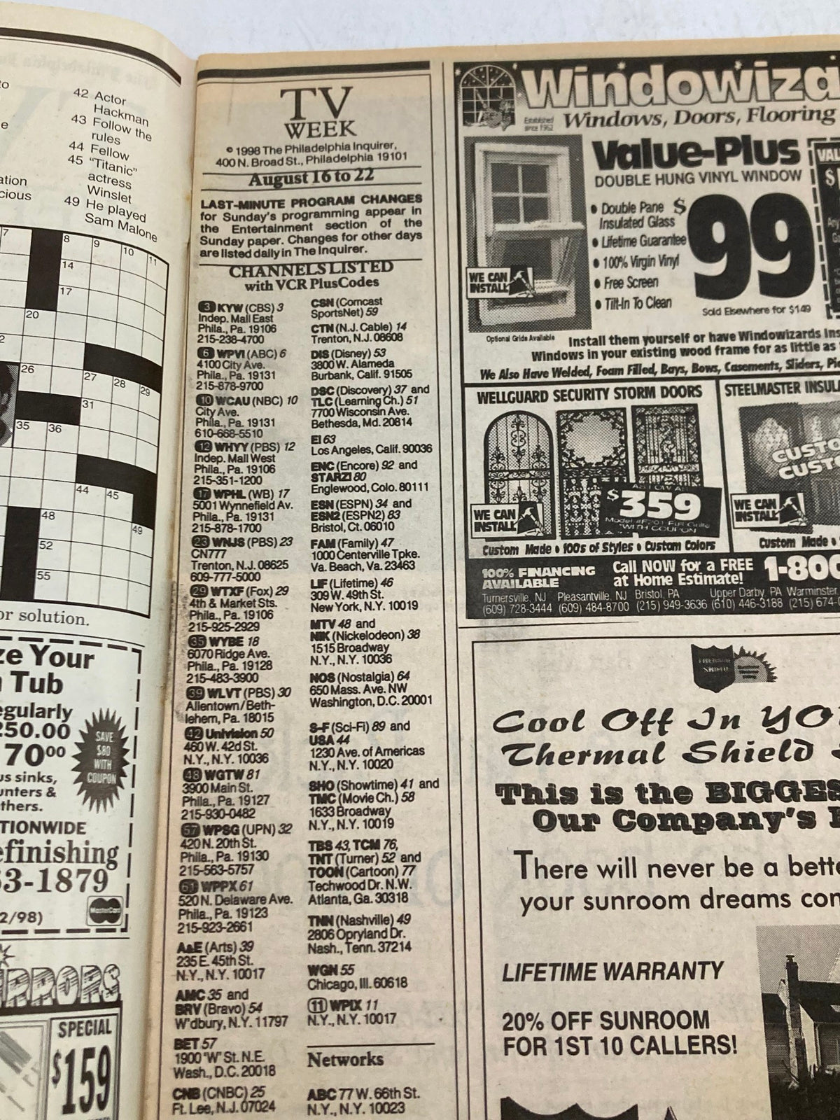 Inside page of The Philadelphia Inquirer TV Week, dated August 16, 1998, showcasing programming schedules and listings.