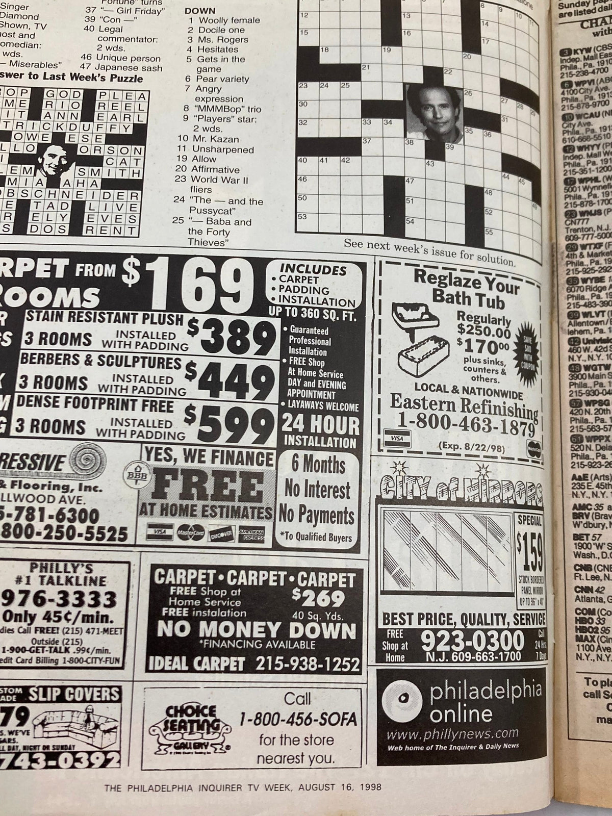 A page from The Philadelphia Inquirer TV Week, dated August 16, 1998, displaying a crossword puzzle and various advertisements, capturing a snapshot of late 90s television culture and consumer products.