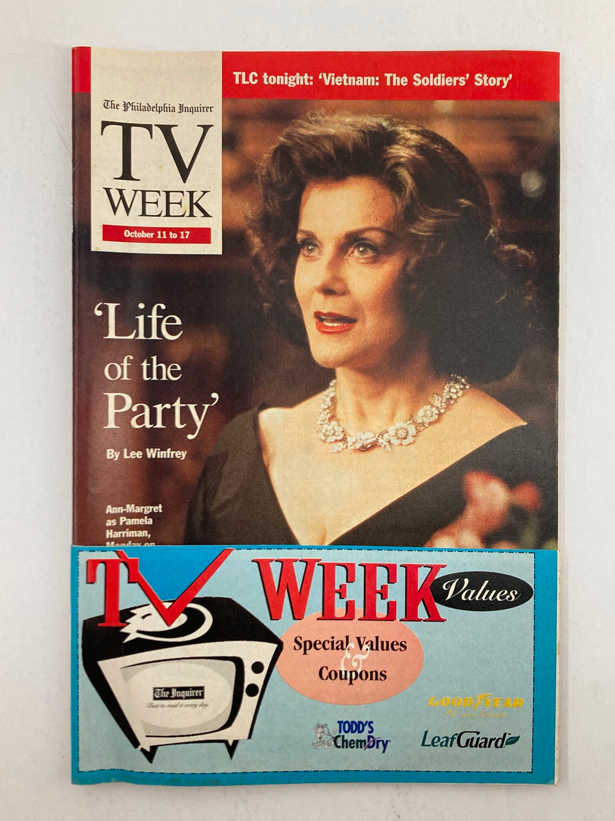 The Philadelphia Inquirer TV Week October 11 1998 cover featuring Ann-Margret, showcasing the article 'Life of the Party' by Lee Winfrey.