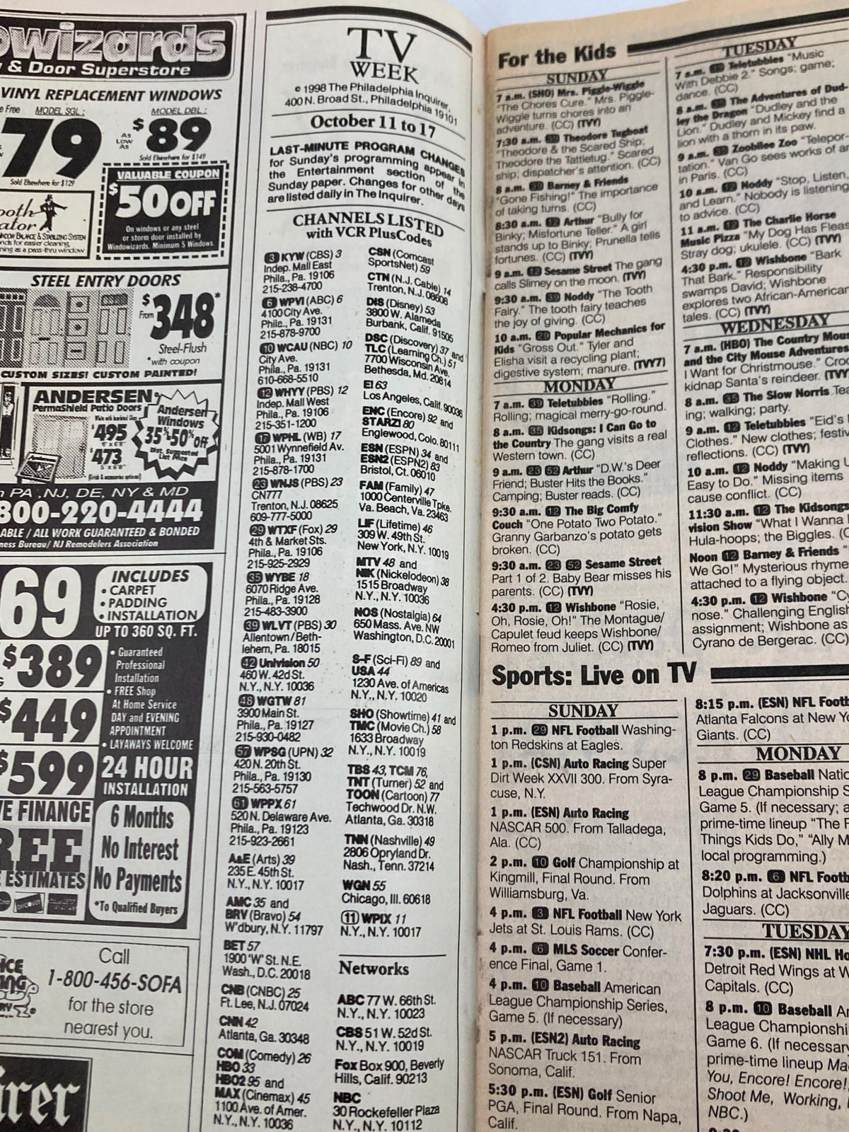 Inside page of The Philadelphia Inquirer TV Week October 11 1998 displaying TV program listings and channel information.