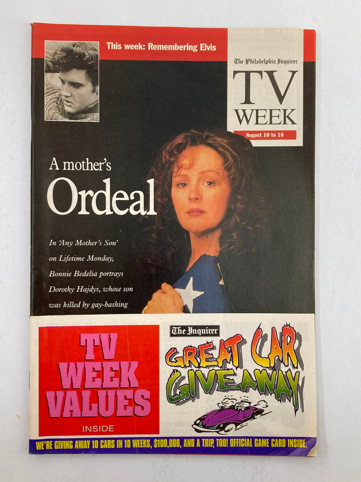The Philadelphia Inquirer TV Week August 10 1997 cover featuring actress Bonnie Bedelia, highlighting her role in 'Any Mother's Son' alongside a photo of Elvis. The magazine showcases important TV shows and cultural insights from the late 1990s.