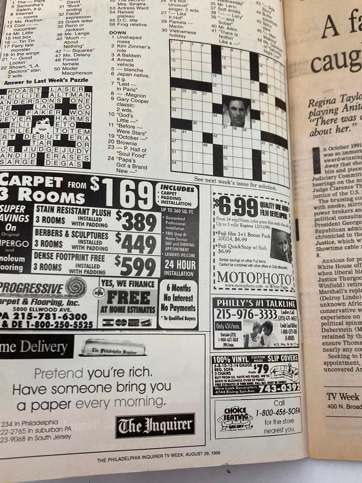 Inside page of The Philadelphia Inquirer TV Week August 29, 1999, showcasing crossword puzzle and advertisements, reflecting the media landscape of the late 90s.