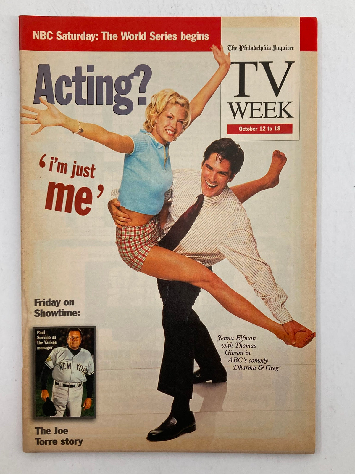 The Philadelphia Inquirer TV Week, October 12 to 18, 1997, featuring Jenna Elfman and Thomas Gibson, promoting the show 'Dharma & Greg' with a playful cover image showcasing the actors.