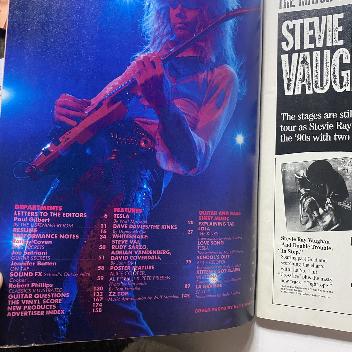 Interior page of Guitar for the Practicing Musician Magazine February 1990 featuring an article on Tesla and a photo of a guitarist with a colorful background.