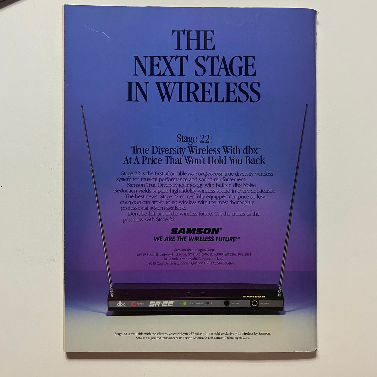 Advert for Samson's Stage 22 wireless system in Guitar for the Practicing Musician Magazine February 1990, highlighting advancements in wireless technology for musicians.