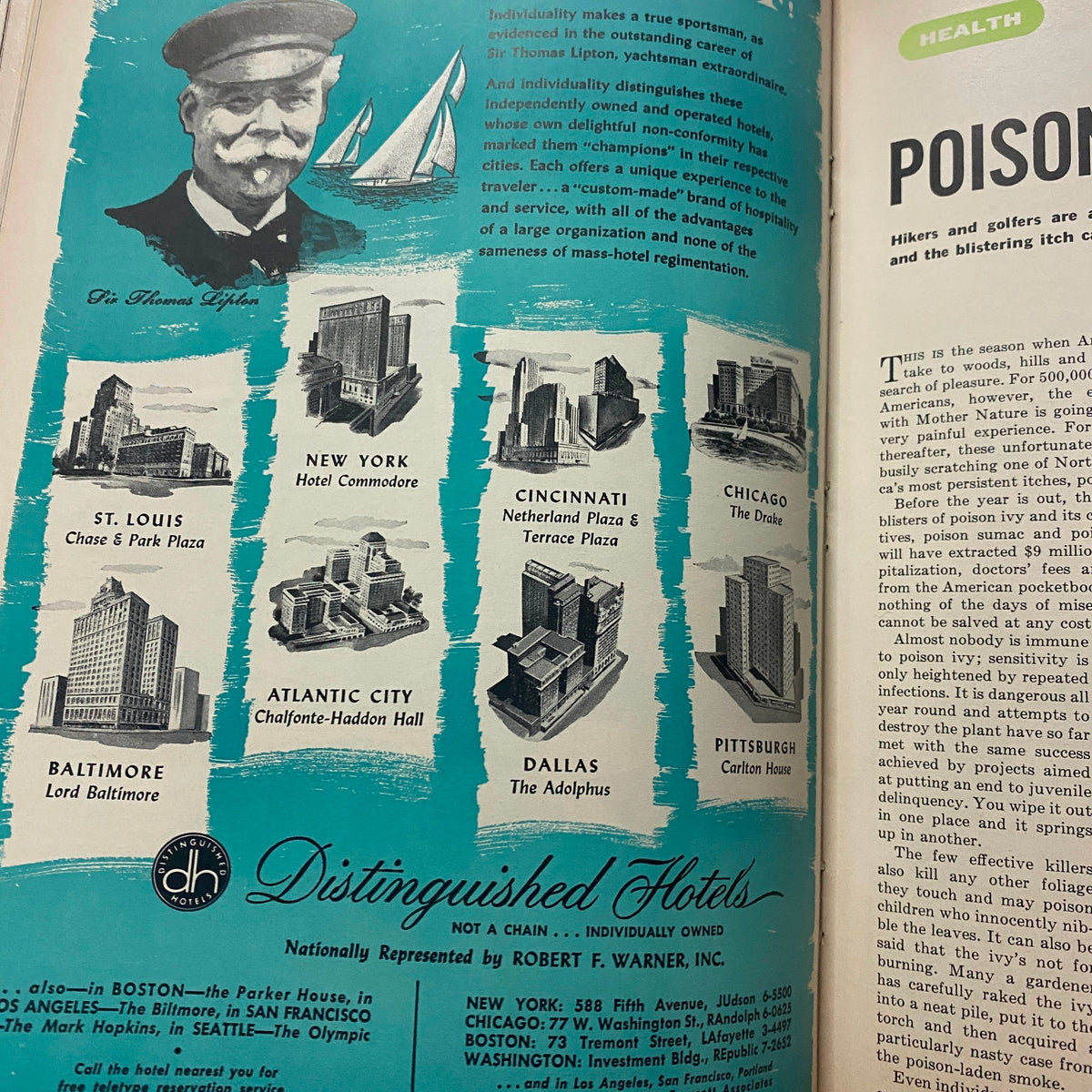 Page from Sports Illustrated Magazine August 16 1954 showcasing distinguished hotels across the USA, highlighting Sir Thomas Lipton and various hotel locations.