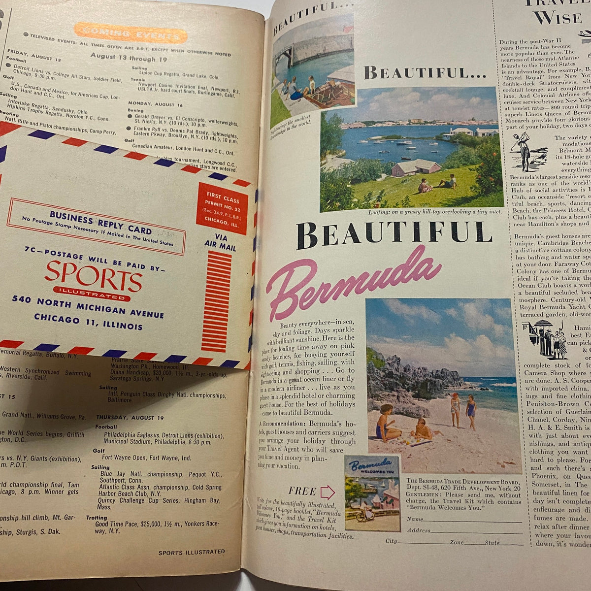 Interior of Sports Illustrated Magazine August 16 1954 showcasing an advertisement for vacationing in Bermuda, including beautiful imagery of the location.