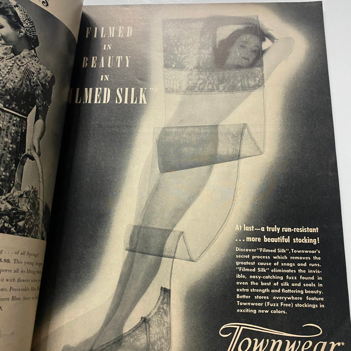 Vintage advertisement for Townwear stockings from Glamour of Hollywood Magazine April 1939, highlighting innovation in women's hosiery.