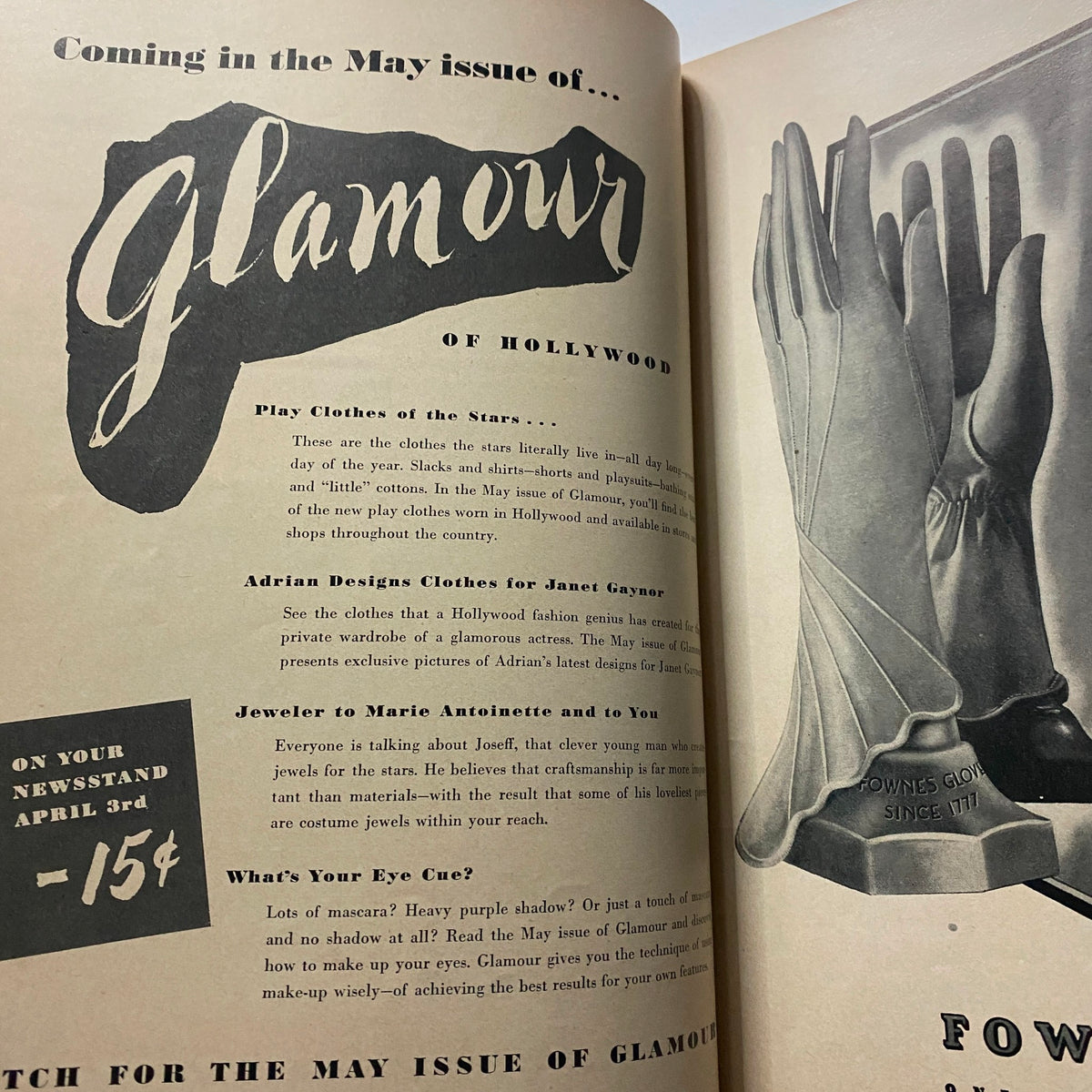 Sneak peek of upcoming features in the May issue of Glamour of Hollywood Magazine April 1939, promoting fashion and beauty articles.