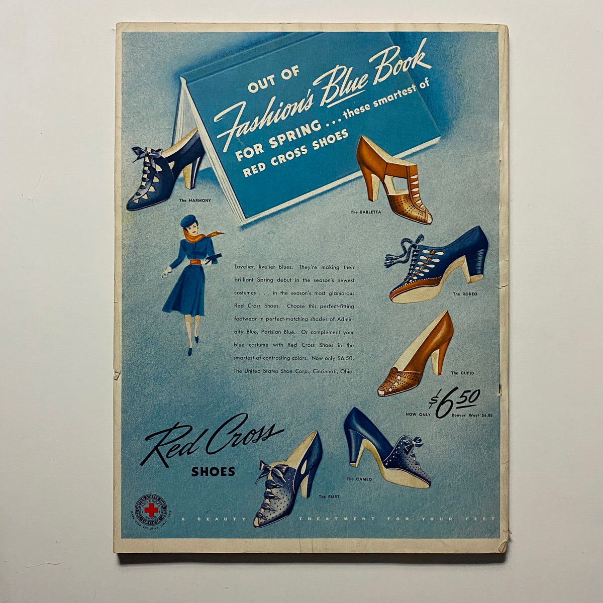 Advertisement for Red Cross Shoes from GLAMOUR OF HOLLYWOOD Magazine April 1939, highlighting stylish footwear options for the Spring season.