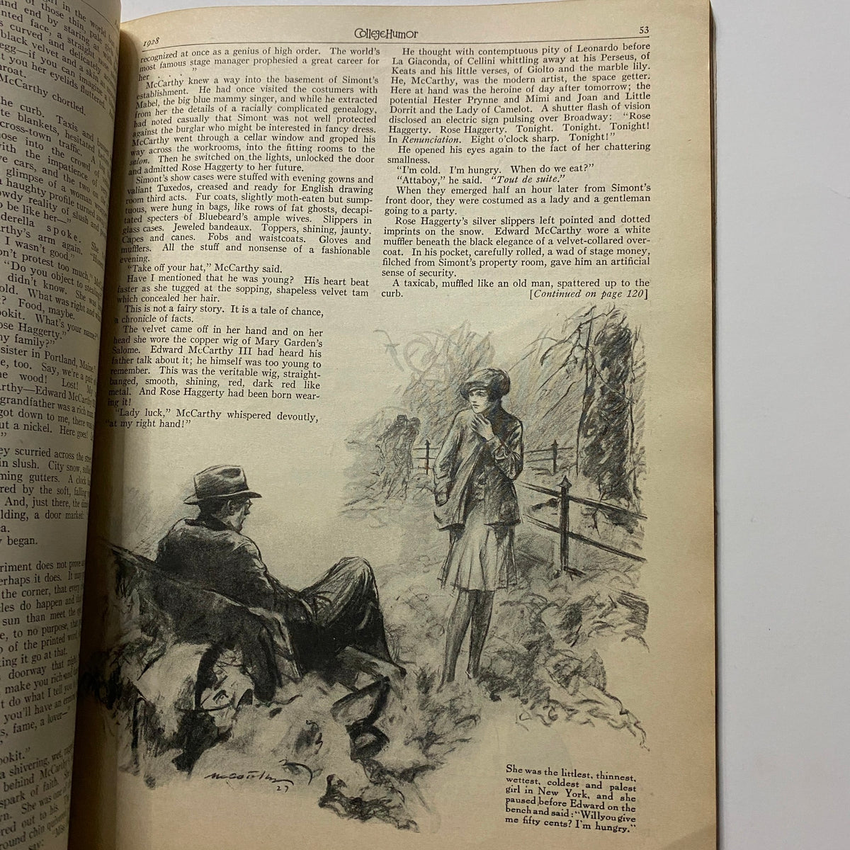 Illustration from College Humor Magazine June 1928 featuring a whimsical scene with a man seated on a bench and a woman standing nearby, showcasing the humor and artistic style of the era in 'Mad Money' by Charles Brackett.