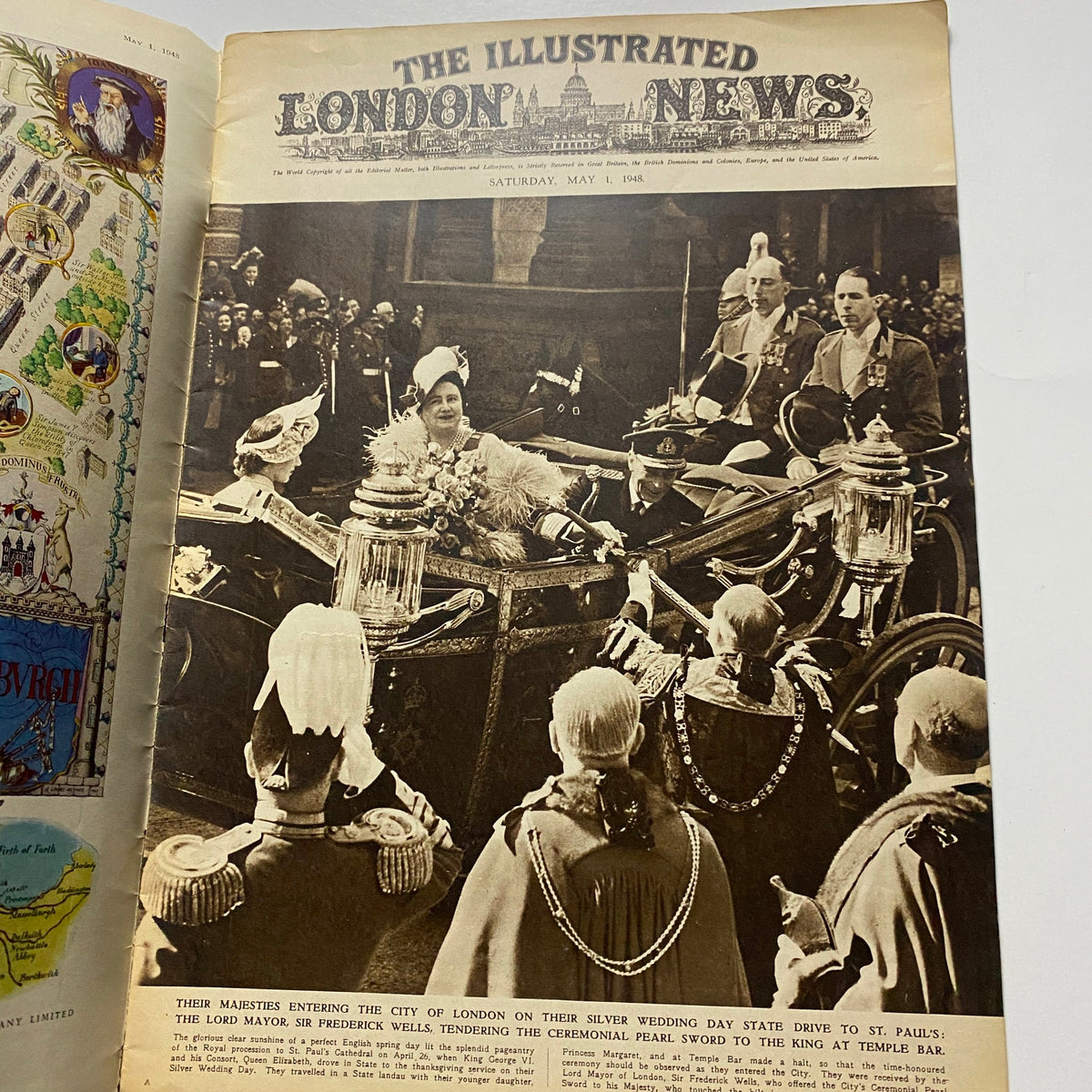 The Illustrated London News May 1 1948 depicting the coronation ceremony of Princess Elizabeth and Philip. The image captures their majestic arrival in a state carriage, showcasing royal tradition and historical significance.
