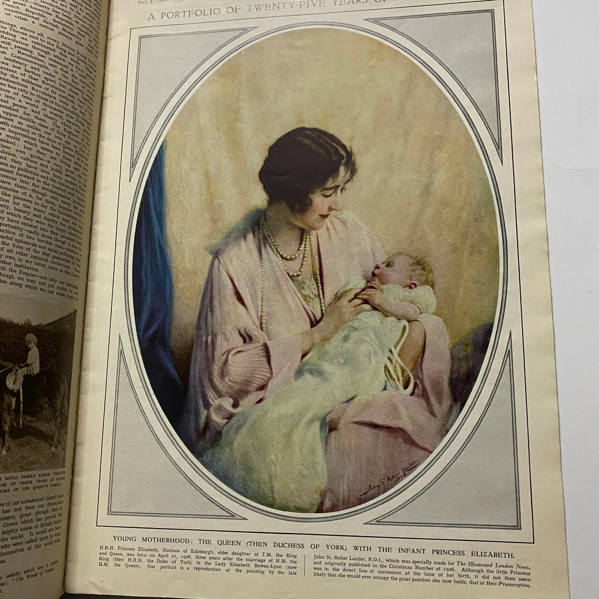 The Illustrated London News May 1 1948 showcasing a portrait of the Queen (then Duchess of York) tenderly holding the infant Princess Elizabeth, highlighting a moment of motherhood.