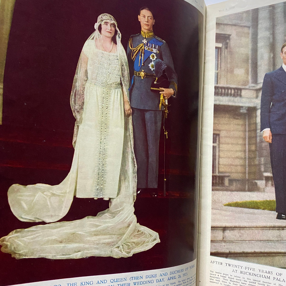 The Illustrated London News May 1 1948 displaying a colorized image of the King and Queen (then Duke and Duchess of York) on their wedding day, beautifully dressed in regal attire.