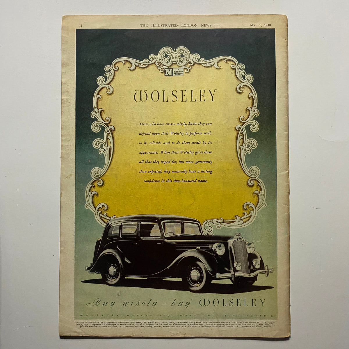 The Illustrated London News May 1 1948 - Princess Elizabeth & Philip, featuring an advertisement for Wolseley cars, showcasing a classic vehicle illustration.