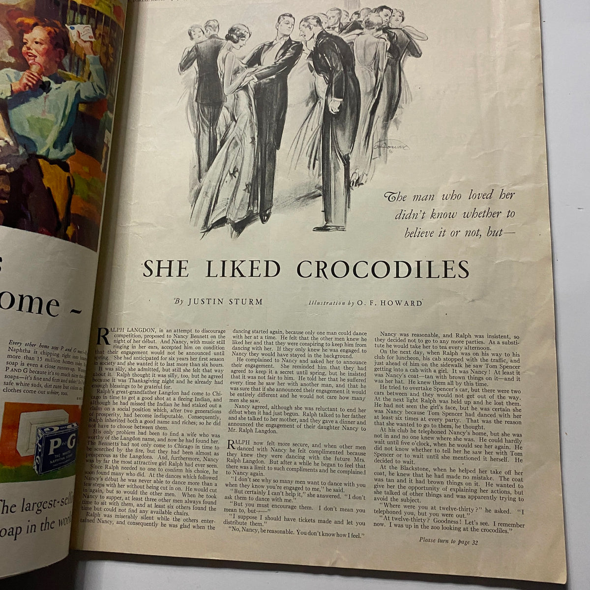 Another page from Pictorial Review Magazine July 1931 titled 'She Liked Crocodiles' by Justin Sturm. This illustrated article includes a drawing of elegantly dressed couples at a social gathering, depicting the magazine's focus on social dynamics.