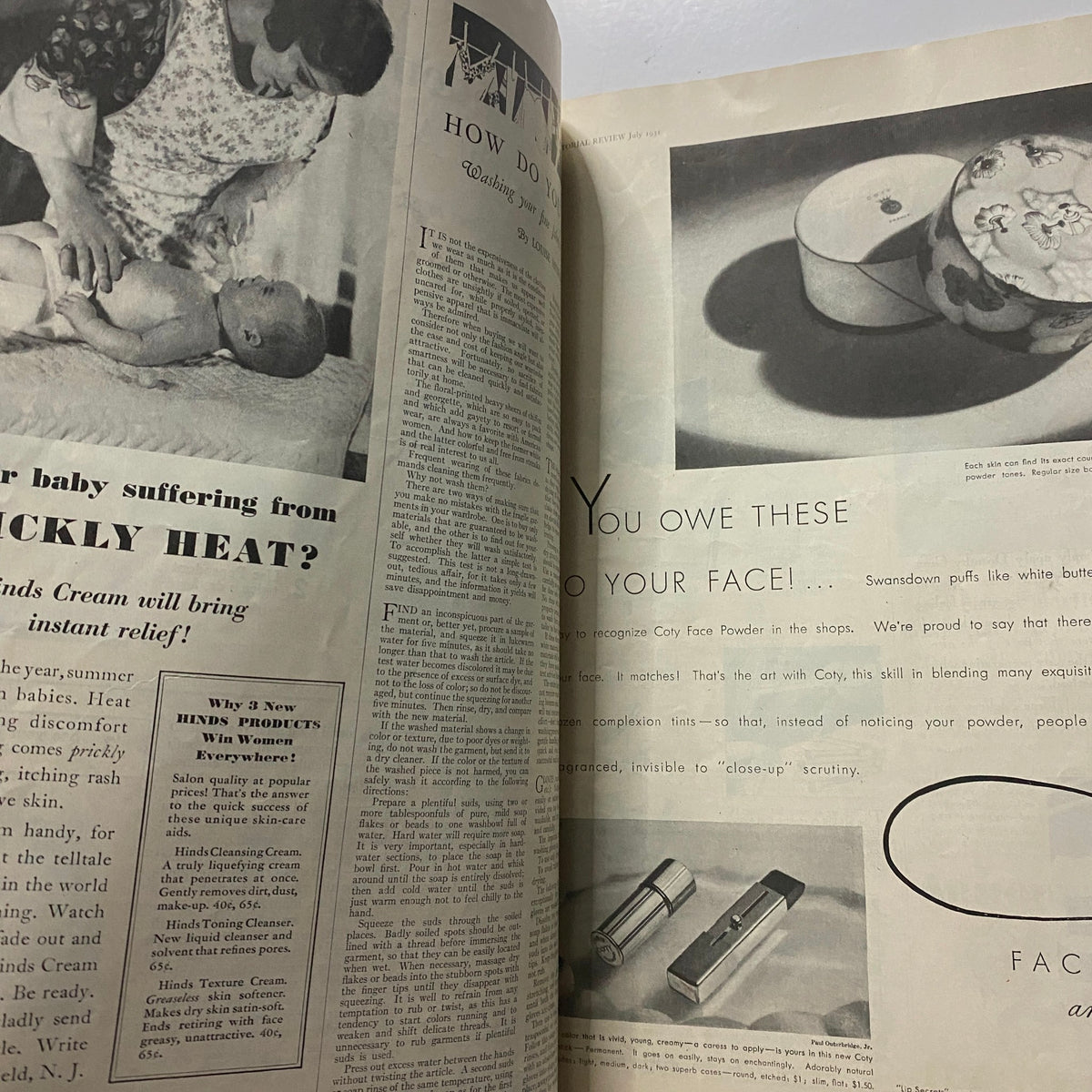 Pictorial Review Magazine July 1931 showcasing an article about caring for babies and featuring Hinds products for skincare.