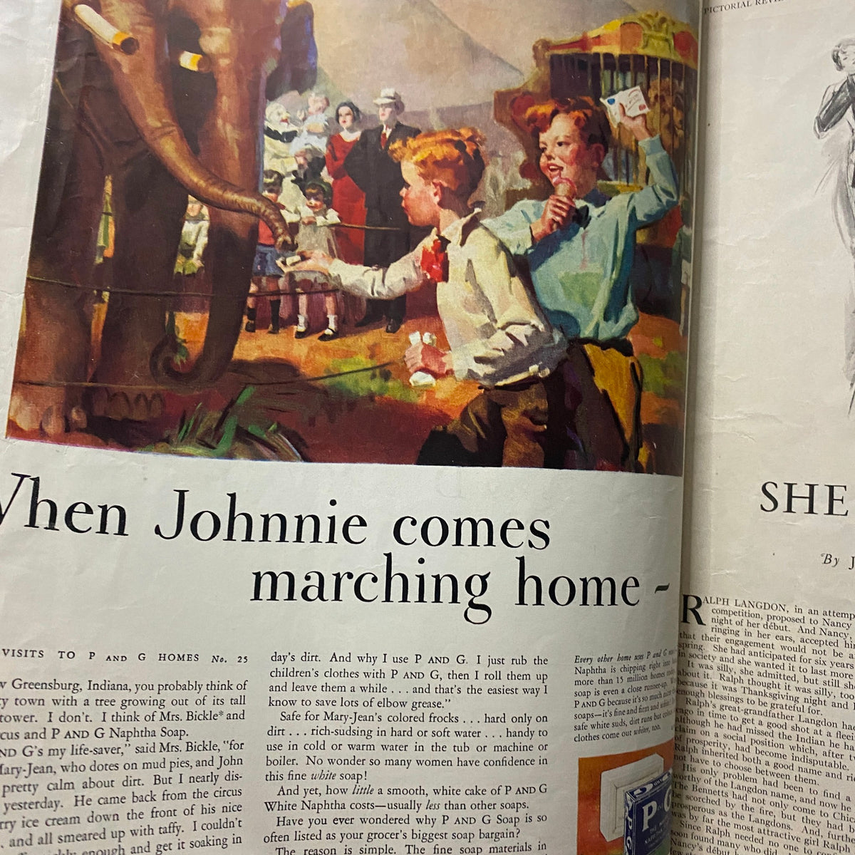 Pictorial Review Magazine July 1931 depicting a charming illustration of children at a circus with an elephant, capturing nostalgic childhood moments.
