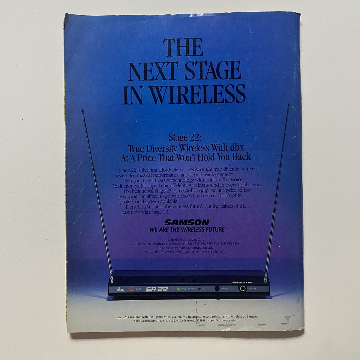 Back cover of Guitar for the Practicing Musician Magazine January 1989 advertising the Samson Stage 22 wireless system, emphasizing advanced wireless technology for musicians.