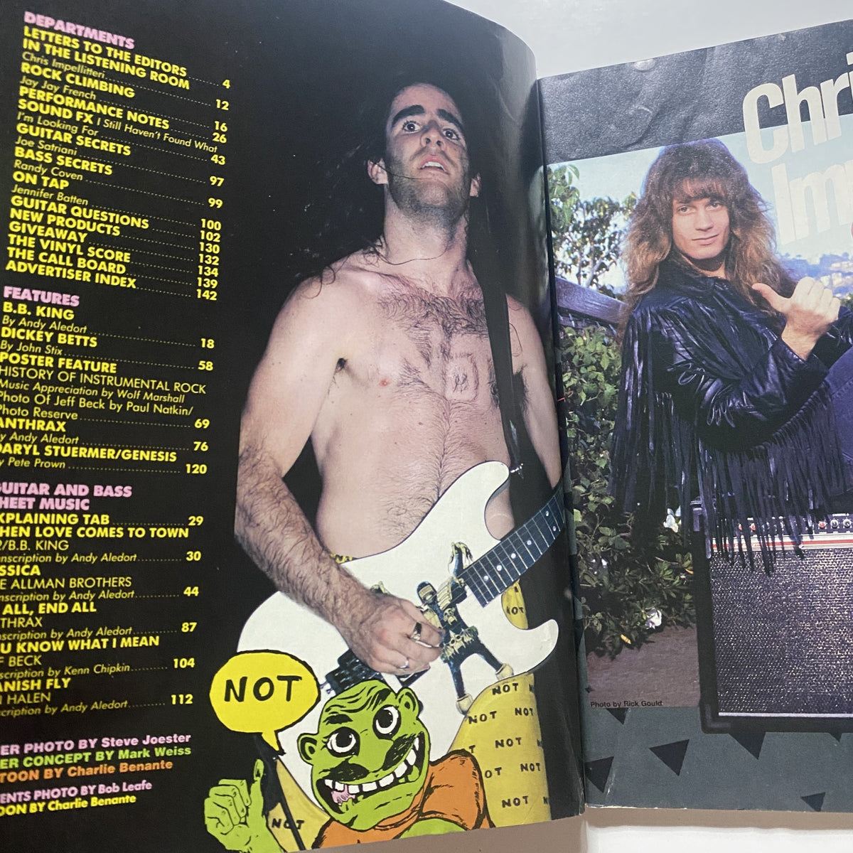 Interior page from Guitar for the Practicing Musician Magazine April 1989, highlighting a shirtless musician with an electric guitar alongside a humorous illustration.