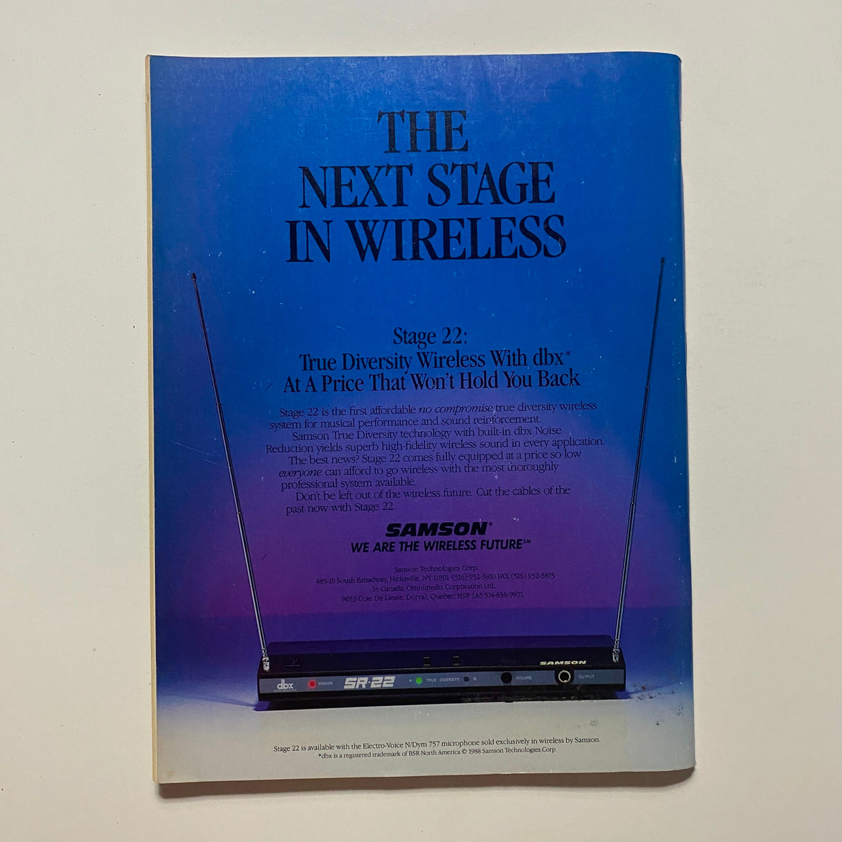 Back cover of Guitar for the Practicing Musician Magazine April 1989 featuring an advertisement for the Samson Stage 22 Wireless system, emphasizing audio technology.