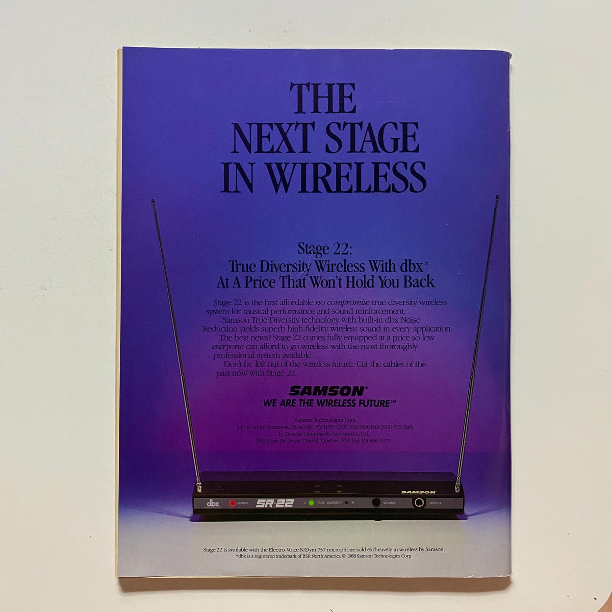Back cover of Guitar for the Practicing Musician Magazine December 1989 advertising the Samson Stage 22 wireless system with a sleek design and promotional text.