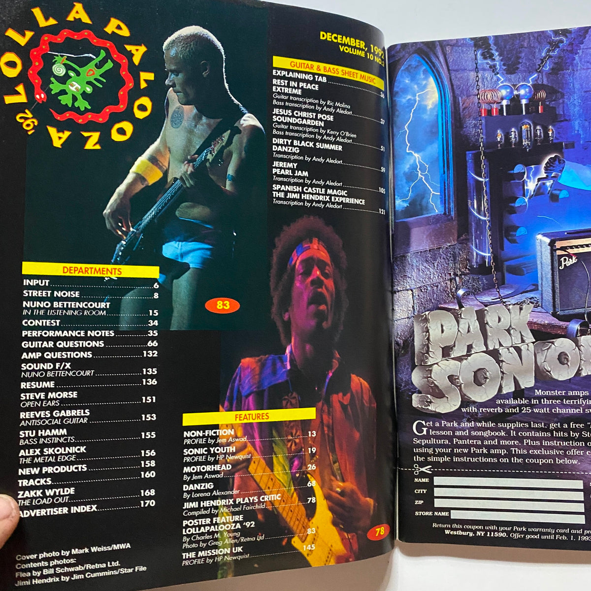 Inside pages of Guitar for the Practicing Musician December 1992 showcasing features on Sonic Youth and other artists, including song transcriptions.