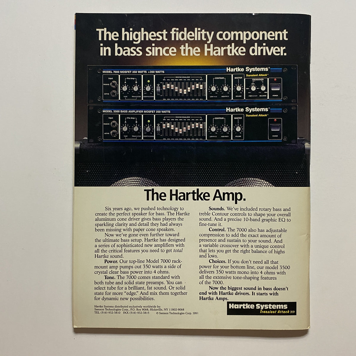 Back cover of Guitar for the Practicing Musician December 1992 magazine showcasing an advertisement for Hartke Systems amplifiers, emphasizing sound quality and features for bass players.