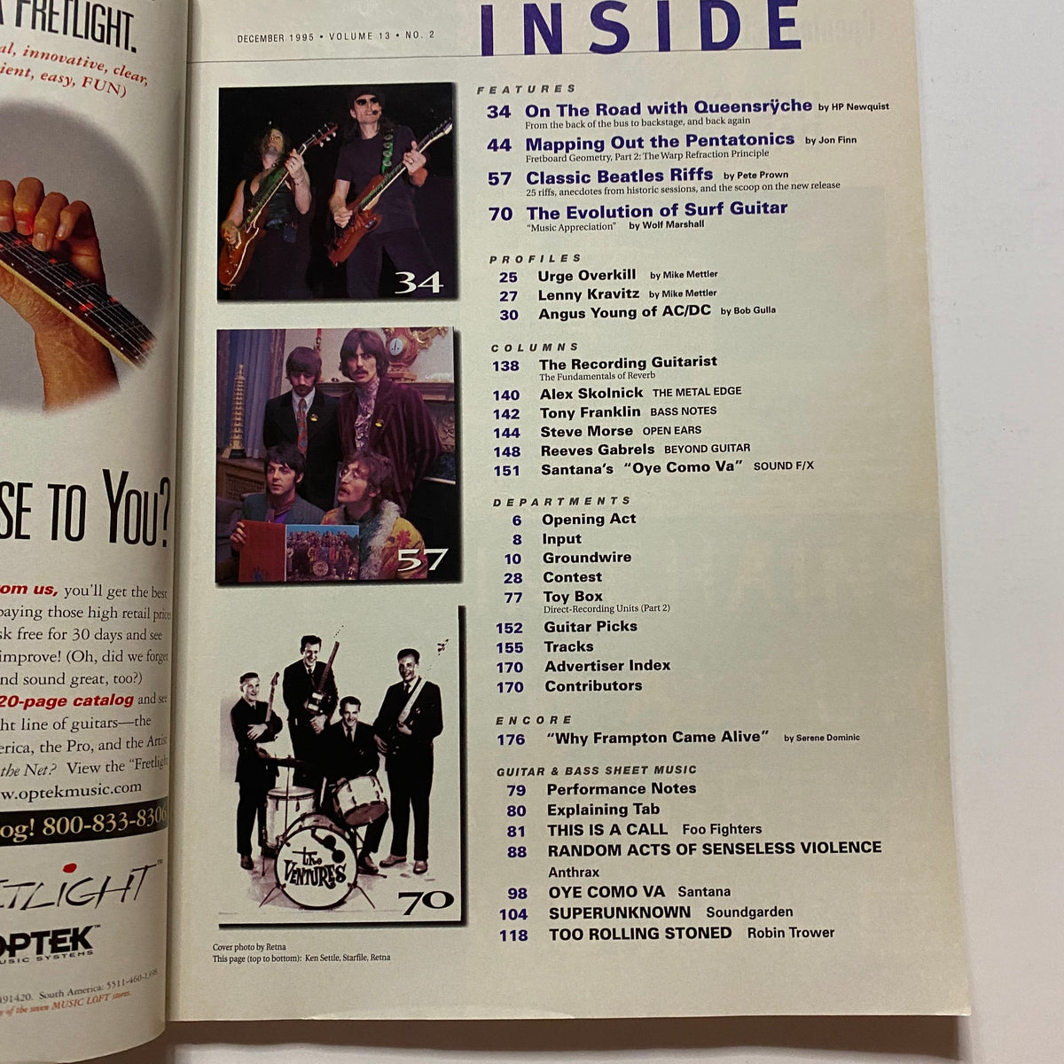 Inside page of VTG Guitar Magazine, December 1995, Volume 13, Number 2, displaying the table of contents with features on Queensrÿche, mapping out pentatonic scales, and a focus on classic Beatles riffs.
