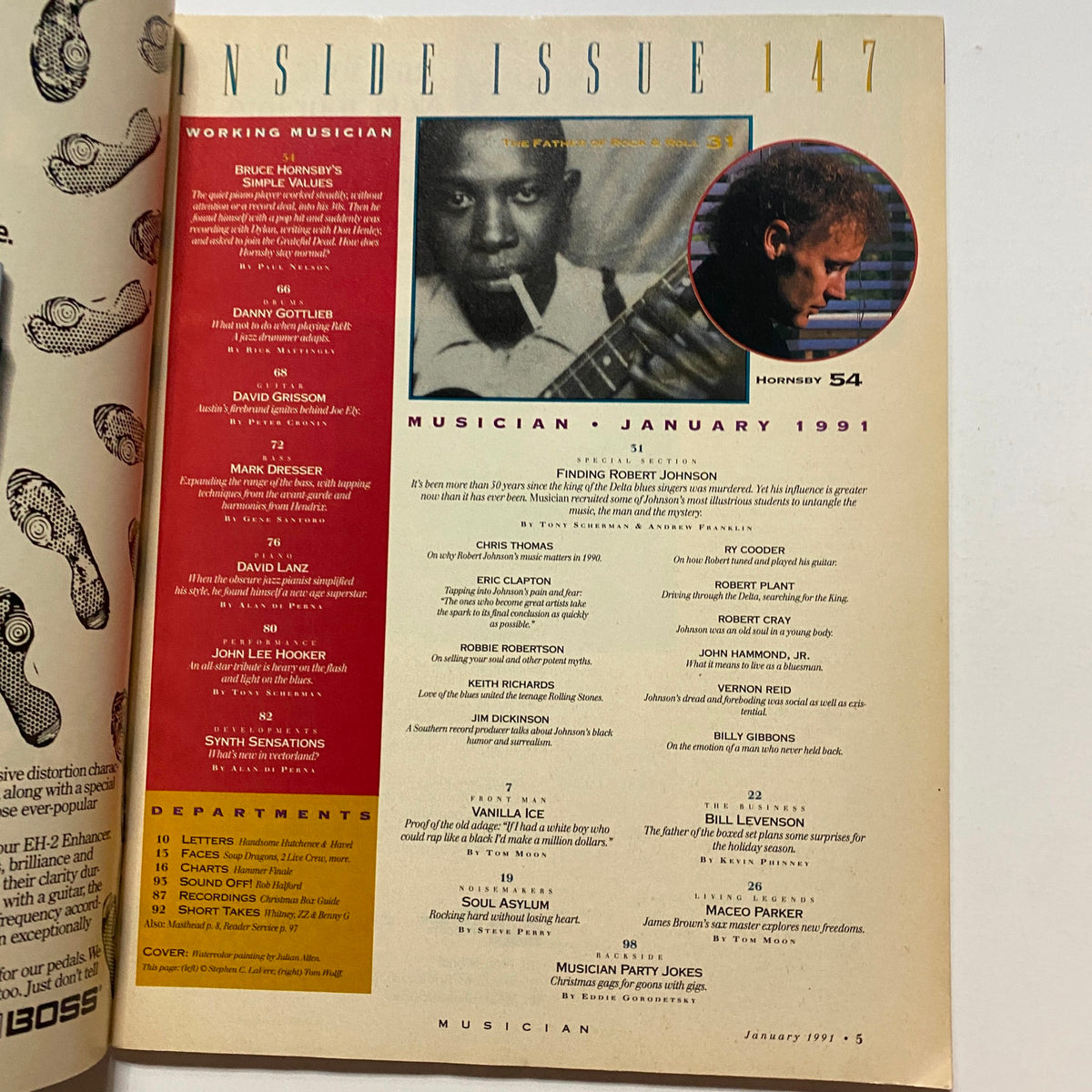 Table of contents page of Musician Magazine January 1991 highlighting articles related to Robert Johnson and various musicians including Eric Clapton.