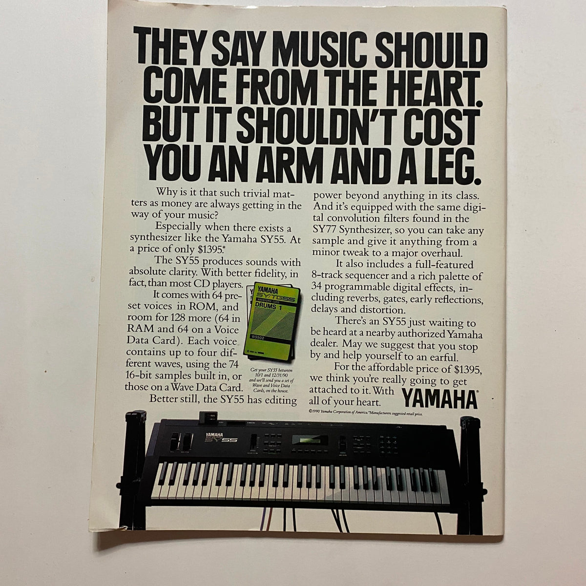 Advertisement page in Musician Magazine January 1991 promoting the Yamaha SY55 synthesizer with an engaging message about music affordability.