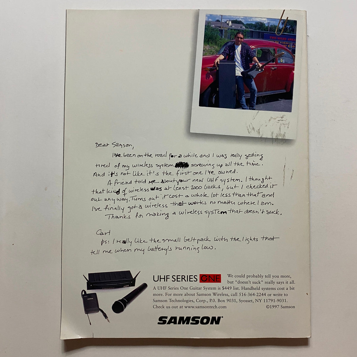 Back cover of Guitar Magazine January 1998, displaying a handwritten note and photo related to music equipment, reflecting the magazine's connection to artists and music technology.