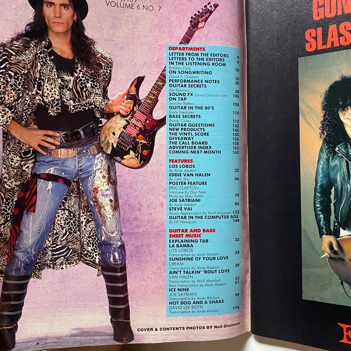 Guitar for the Practicing Musician Magazine May 1989 inside contents page with features on Joe Satriani, Steve Vai, and Eddie Van Halen providing insights on guitar techniques.