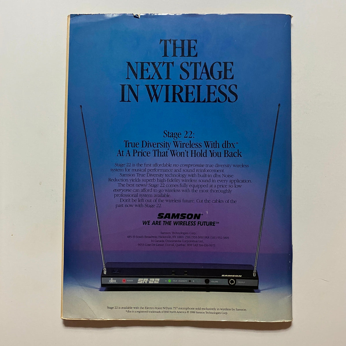 Guitar for the Practicing Musician Magazine May 1989 back cover highlighting Samson wireless technology, promoting the Stage 22 wireless system.