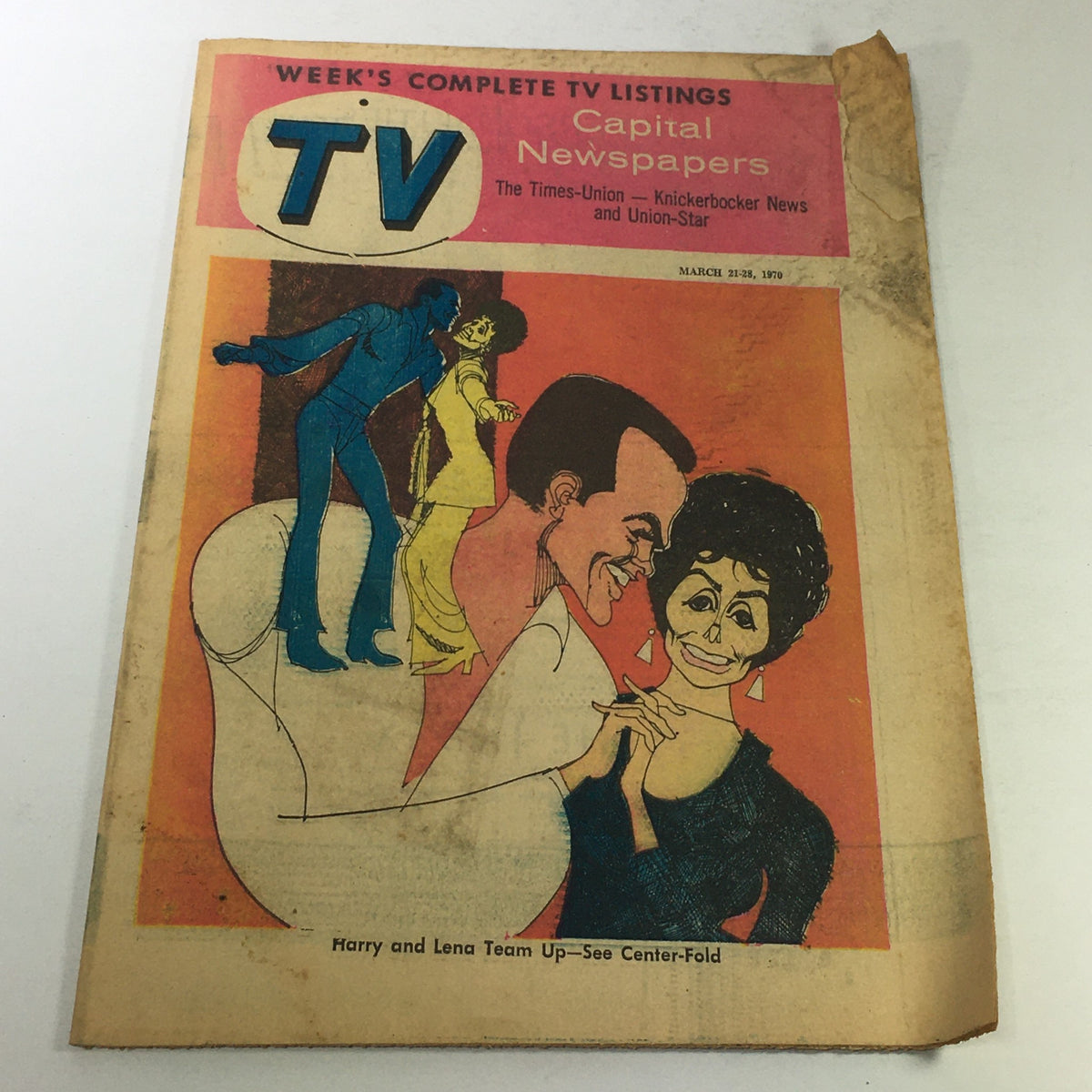 VTG TV Week's Complete TV Listings March 21-28 1970 cover featuring Harry and Lena Team Up, showcasing vintage artwork with characters in a playful dance.