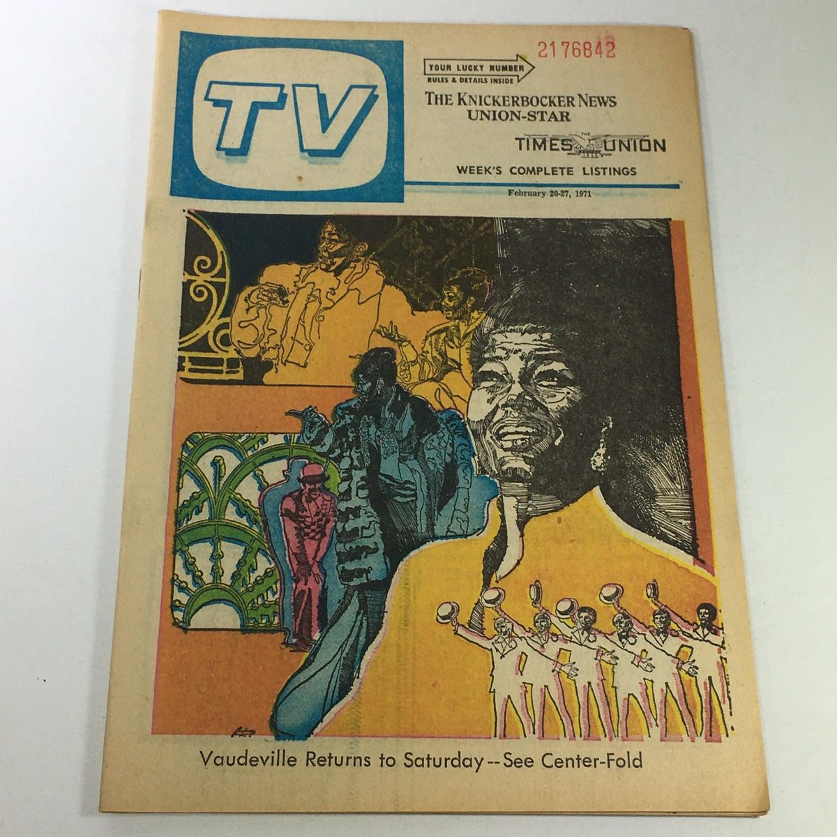 VTG TV Week's Complete TV Listings February 20-27 1971 cover featuring vibrant illustrations and text mentioning 'Vaudeville Returns to Saturday' showcasing the return of vaudeville in entertainment history.