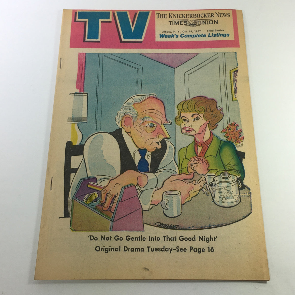 Cover of VTG TV Week's Complete TV Listings from October 14, 1967, featuring a colorful illustration and the title 'Do Not Go Gentle Into That Good Night' with details about the original drama on page 16.