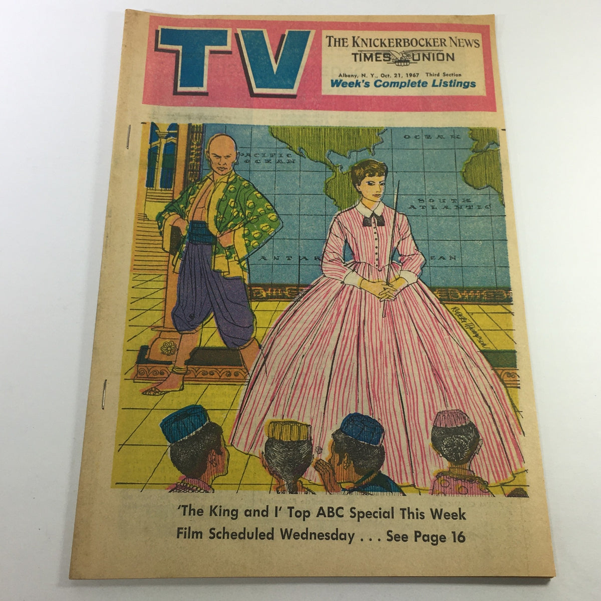 Cover of VTG TV Week's Complete TV Listings from October 21, 1967 featuring illustrations from 'The King and I,' depicting characters in traditional attire against a colorful backdrop.