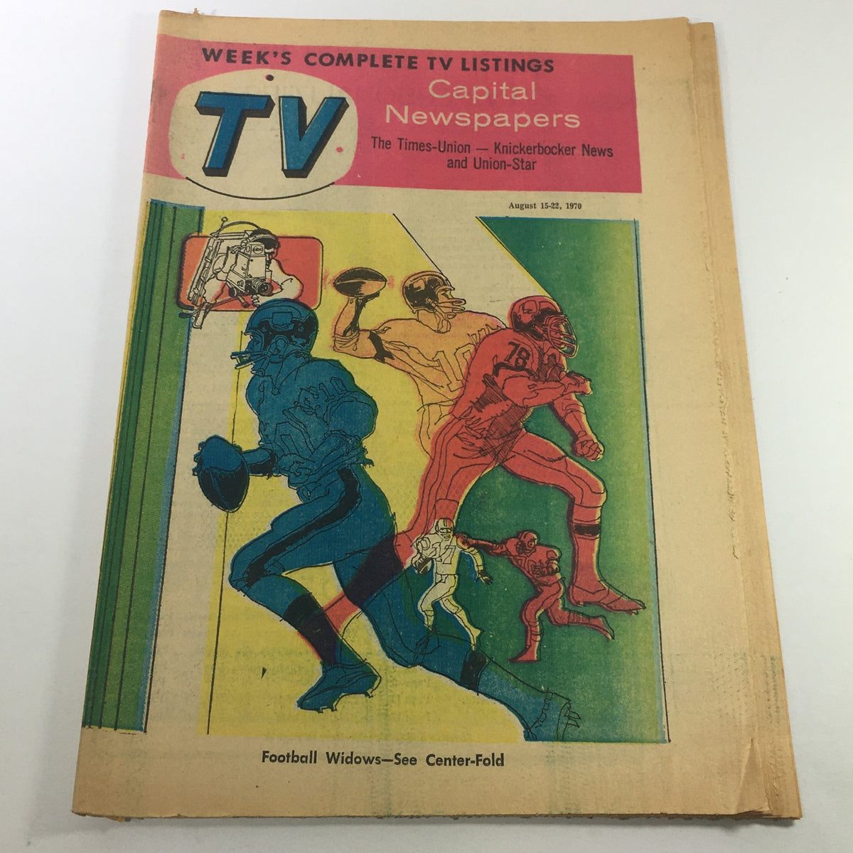 VTG TV Week's Complete TV Listings August 15-22 1970 - Football Widows featuring colorful cover art showcasing football players and a TV theme.