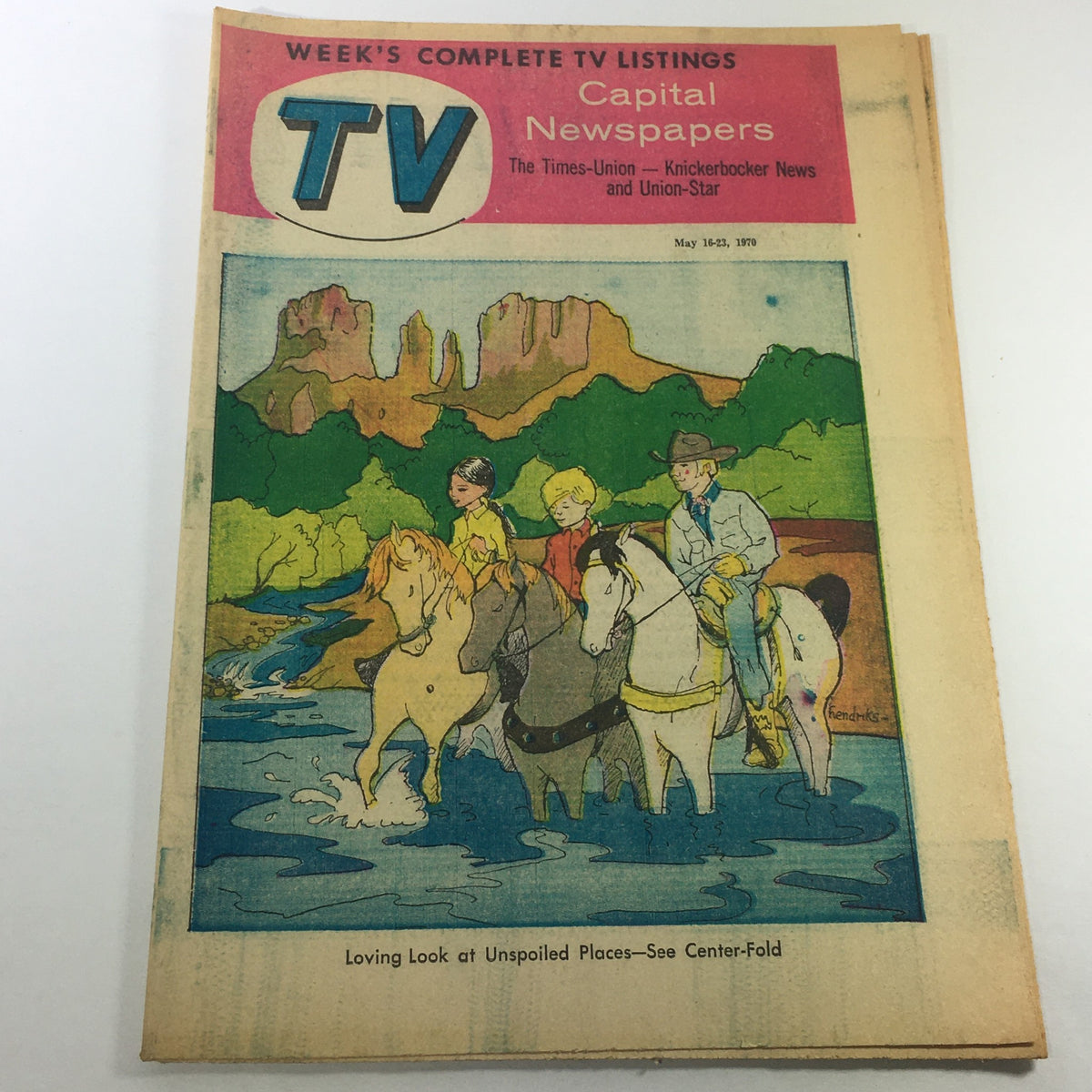 Vintage VTG TV Week's Complete TV Listings May 16-23 1970 magazine cover featuring a colorful illustration of people on horseback in a natural setting, highlighting a loving look at unspoiled places.