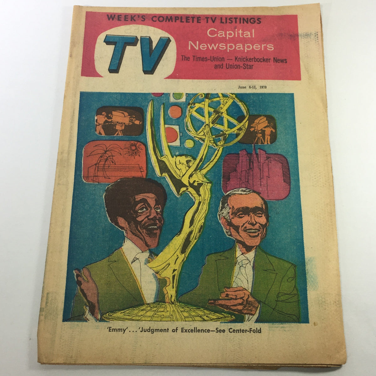 Cover of VTG TV Week's Complete TV Listings June 6-13 1970 featuring an illustration of two men celebrating the Emmy Judgment of Excellence, with colorful graphics representing television history.