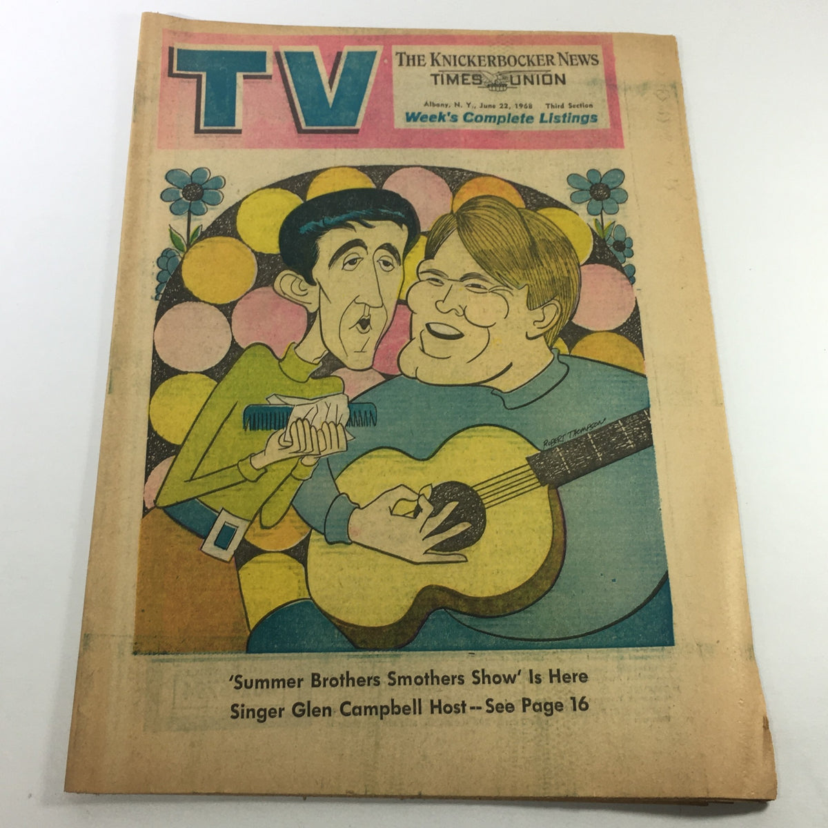 Vintage TV Week's Complete TV Listings from June 22, 1968, featuring an illustrated cover with caricatures of the Summer Brothers Smothers Show cast and details about the show's host, singer Glen Campbell.