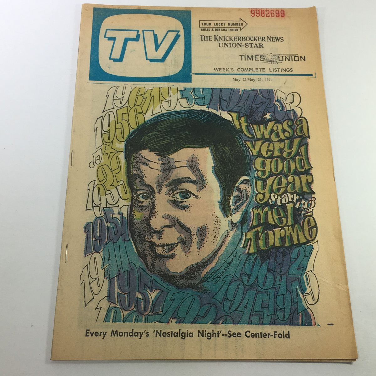VTG TV Week's Complete TV Listings May 22-29 1971, featuring a colorful cover with a portrait of a smiling man, promoting nostalgia nights every Monday.