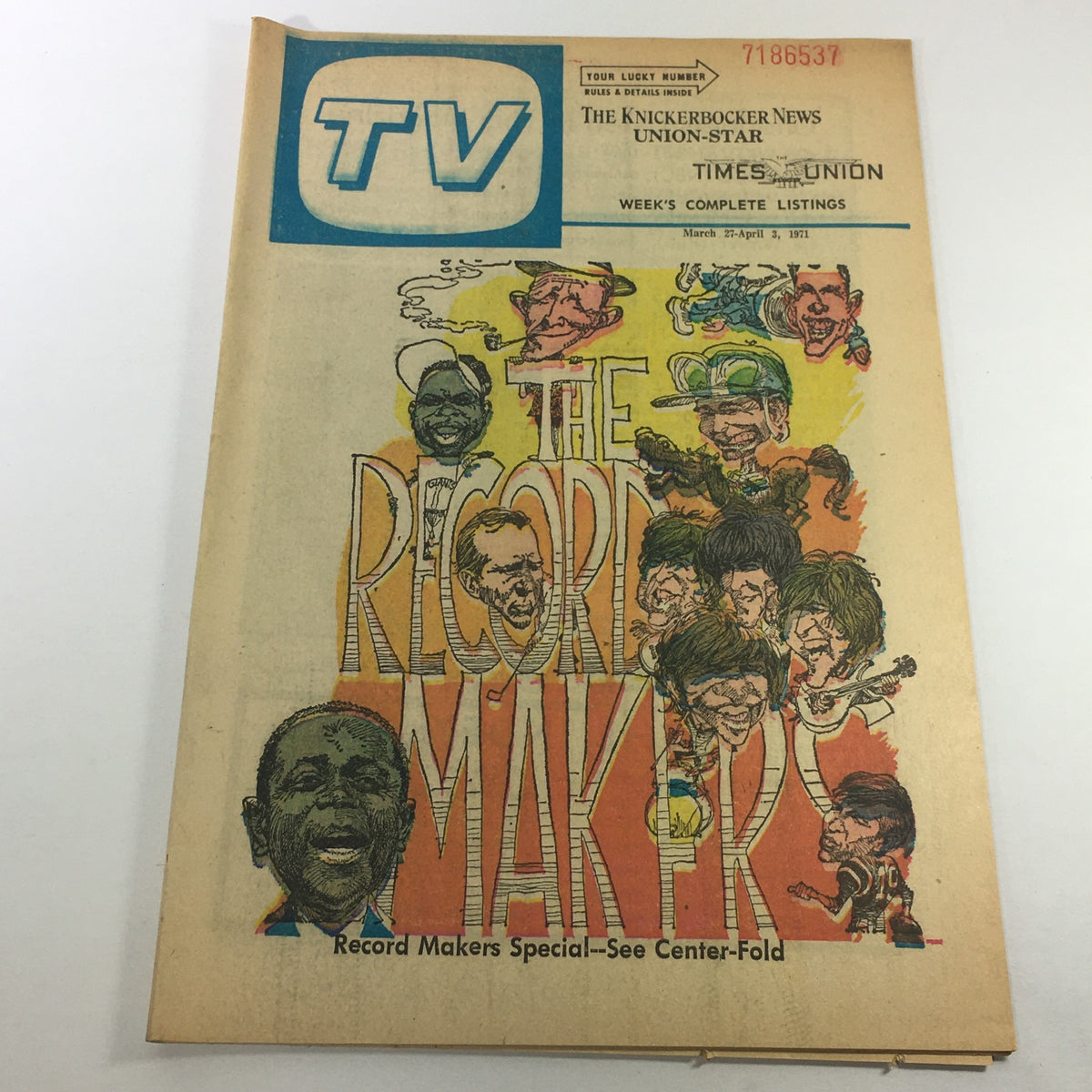 Vintage TV Week magazine cover featuring the title 'VTG TV Week's Complete TV Listings March 27-April 3 1971 - Record Makers Special' with colorful illustrations of celebrities.
