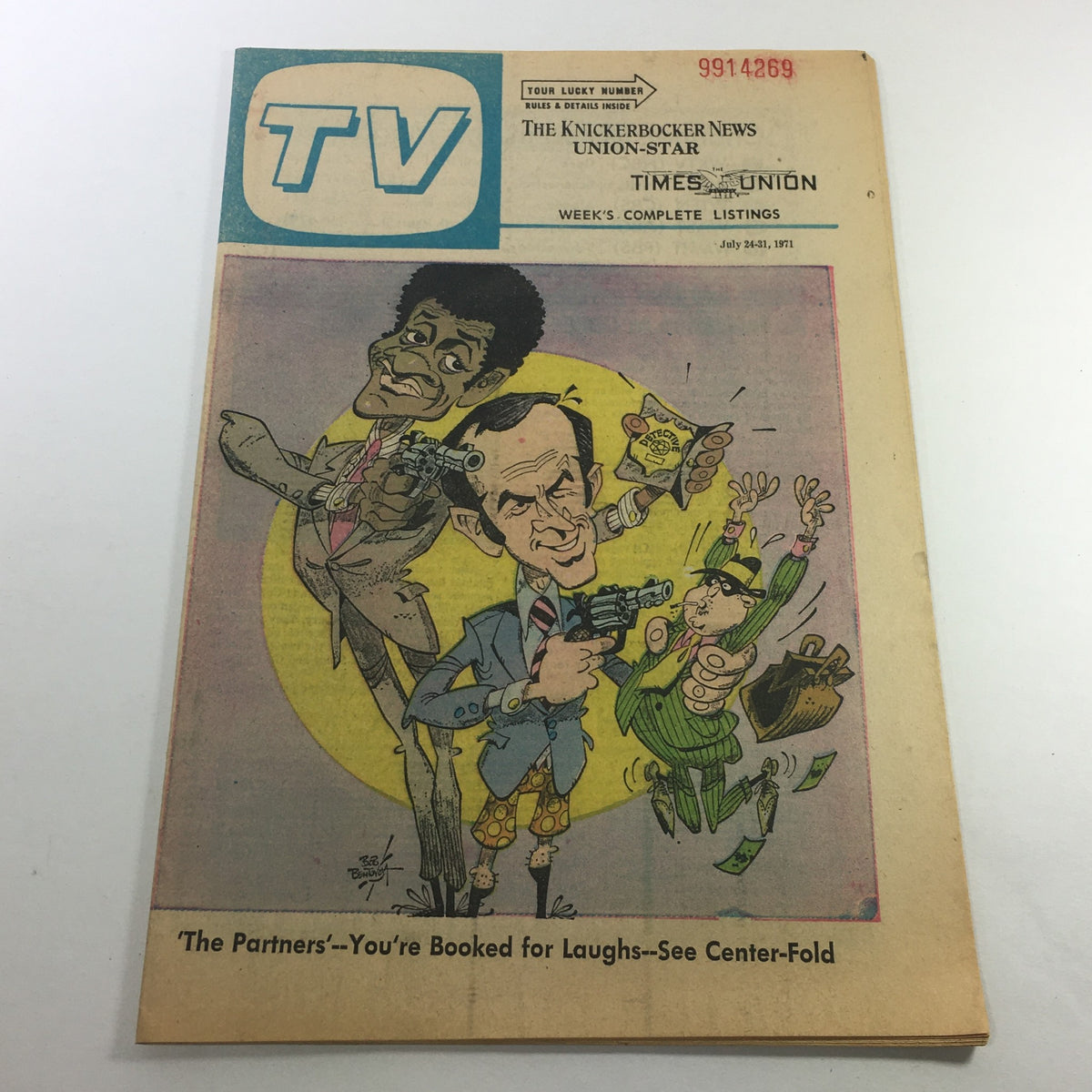 VTG TV Week's Complete TV Listings July 24-31 1971 cover featuring a colorful cartoon illustration of characters with guns, promoting 'The Partners' by Bob Bentovoja. The magazine showcases TV programming and features comedic elements in its design.