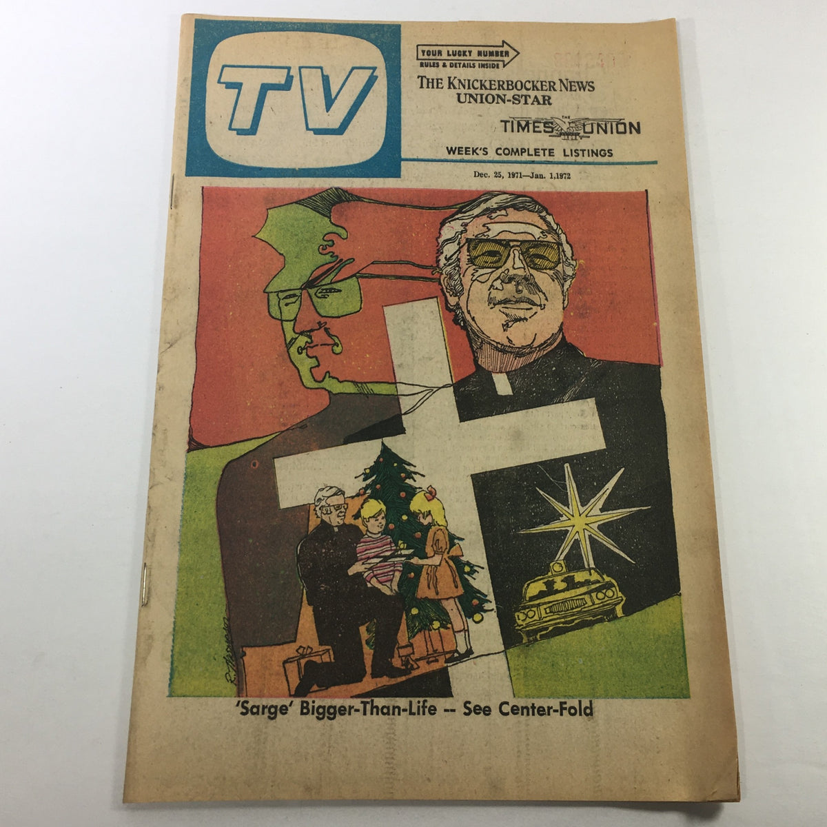 Vintage TV Week's Complete TV Listings December 25 1971-January 1 1972 featuring the show 'Sarge' on the cover, showcasing a colorful illustration of characters, a Christmas tree, and a prominent TV logo.