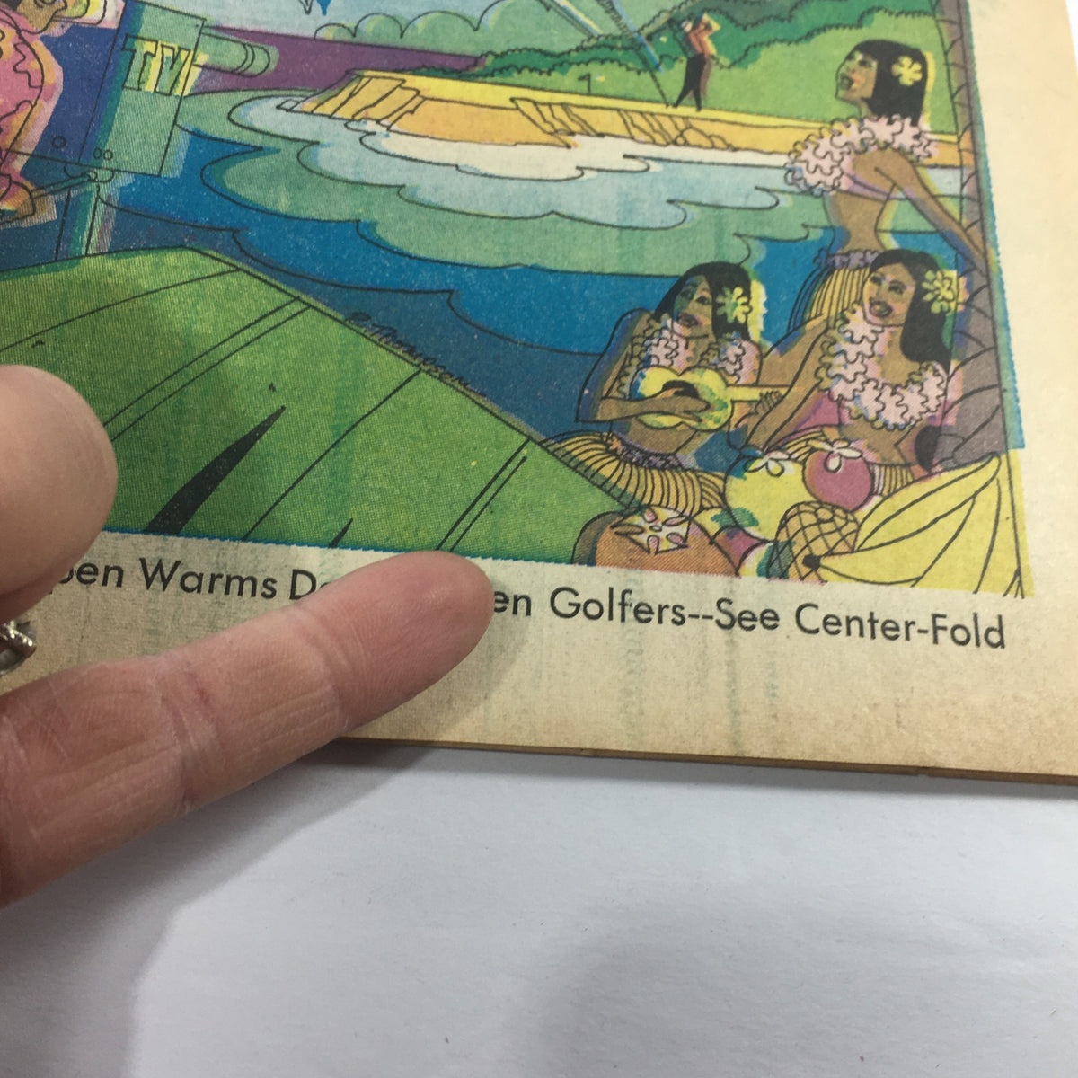 VTG TV Week's Complete TV Listings February 6-13 1971 Hawaiian Deep-Frozen Golf detail image showing an illustration of Hawaiian women and golfers, emphasizing the unique cultural elements and the magazine's vibrant artwork.