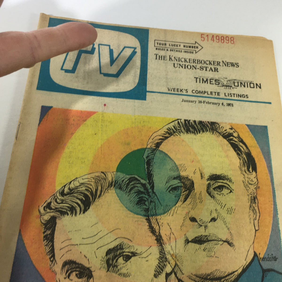 Cover of VTG TV Week's Complete TV Listings January 30-February 6 1971 - The Price, featuring bold colorful graphics and illustrations of two men, with a finger pointing at the title.