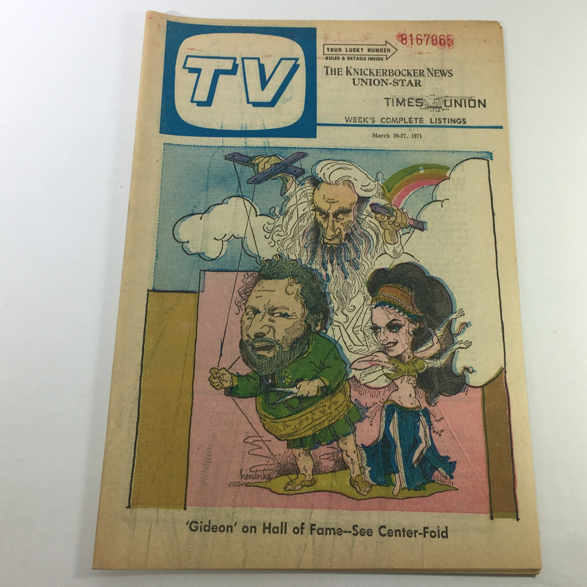 Vintage TV Week magazine cover from March 20-27, 1971, featuring caricatures and the title 'VTG TV Week's Complete TV Listings March 20-27 1971 - Gideon Hall of Fame', showcasing artistic illustrations of characters including a figure with a beard and another in historical attire.